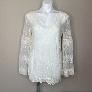 White House Black Market Floral Lace Boho Blouse with Bell Sleeves